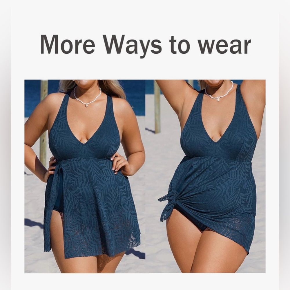 Cupshe 1 Piece Supportive CrissCross Back Split Dress Swimsuit Navy Leaf 2XL NWT